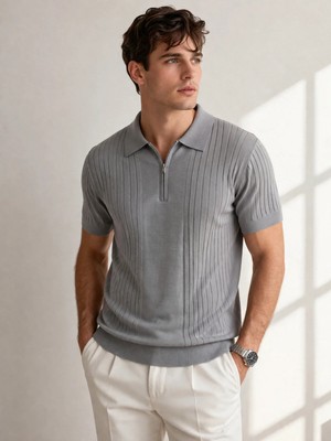 Karel Butik Gri Fermuarlı Regular Fit Polo Yaka Tişört