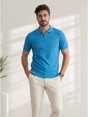 Karel Butik Mavi Fermuarlı Regular Fit Polo Yaka Tişört