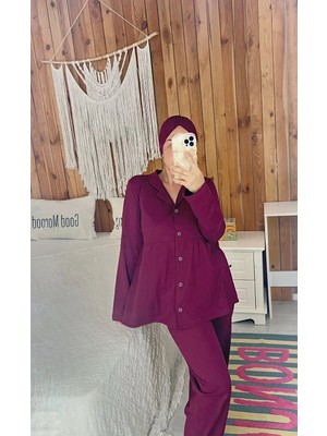 By Gamze Arman Tesettür Boneli Bordo Renk Uzun Kol Hamile Lohusa Pijama Takımı