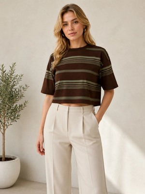 Karel Butik Çizgili Polo Yaka Kahverengi Crop Tişört