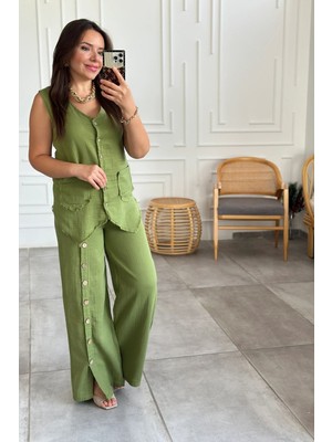 Yağmur Butik Düğme Detaylı Bol Paça Müslin Pantolon