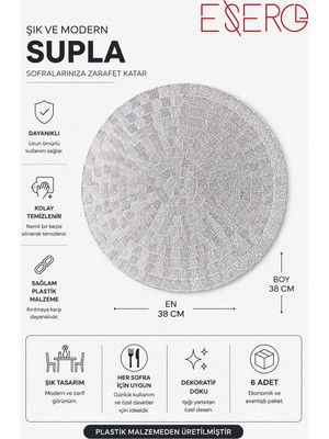 Esero 30833 Gümüş Supla 38X38 cm 6 Adet Plastik Amerikan Servis Sofra Sunum Altlığı Modern Masa Dekorasyonu Şık Yemek Masası Suplası