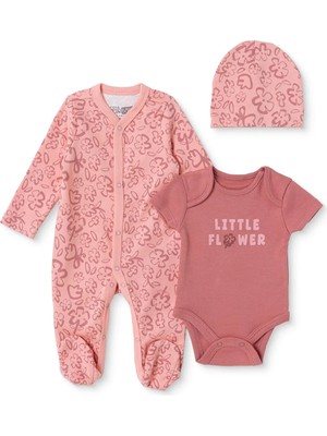 Hellobaby Kız Bebek Tulum-Body-Şapka Çiçek Baskılı Çıtçıtlı Bisiklet Yaka Uzun Kol Patikli