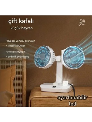 Drop Tedarik Masaüstü Dijital Ekranlı Çift Fanlı LED Işıklı Soğutucu Fan Ev Ofis Şarjlı Vantilatör