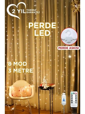 Drop Tedarik Lw-7 300 Ledli 10 Sarkıt Perde LED Işık, 8 Modlu Uzaktan Kumandalı, 3x3 Metre Peri Telli LED