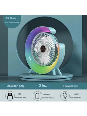 Drop Tedarik Masaüstü Vantilatör USB Şarjlı Rgb LED Işıklı 3 Kademeli 180° Ayarlanabilir Soğutucu Fan Mavi