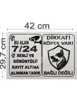 Büyük Boy Dikkat Köpek Var Gümüş Metal Uyarı Levhası A3 Ebatında 29,7 Cm. x 42 cm Dir