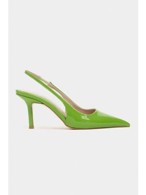 Nişantaşı Shoes Parla Yeşil Rugan Kemer Detay Sivri Burun Kadın Topuklu Ayakkabı