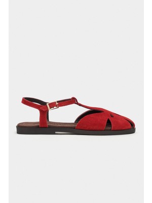 Nişantaşı Shoes Harpi Kırmızı Süet Deri Toka Detay Düz Taban Kadın Sandalet