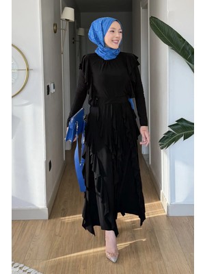 Tesettür Diyarı Belin Sendy Kumaş Fırfır Detaylı Tesettür Takım- Siyah