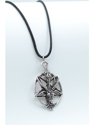 Alooya Pentagram Yıldızı Keçi Kafası Gümüş Kaplama Deri İp Kolye