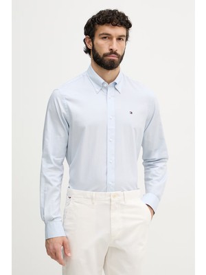 Tommy Hilfiger Erkek Regular Fit Ikonik Logo Bayrak Logolu Pamuklu Uzun Kollu Açık Mavi Gömlek MW0MW42936-C14