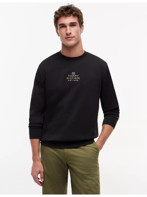 Tommy Hilfiger Erkek Normal Kalıp Yuvarlak Yakalı Logo Işlemeli Pamuklu Uzun Kollu Siyah Sweatshirt MW0MW43221-BDS