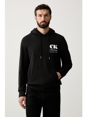Calvin Klein Erkek Normal Kalıp Önü ve Arkası Logo Baskılı Kapüşonlu Siyah Sweatshirt LV04RG273G-UB1