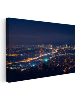 Kanvas Tablo Boğaz Köprüsü ve Uzak Şehir Işıkları Şehir Mimari Tablo Ev Ofis Duvar Dekoru 35 x 50 Kanvas Tablo 1