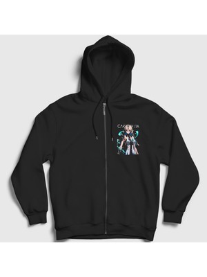 Presmono Unisex Siyah Cartethyia V2 Wuthering Waves Fermuarlı Kapüşonlu Sweatshirt