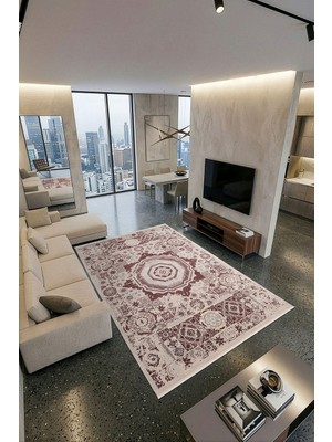 Cotto Home Ipeksi IP026L Gri Bordo Klasik Göbekli Modern Desen Pamuk Taban Salon Mutfak Halısı Tozu Yok