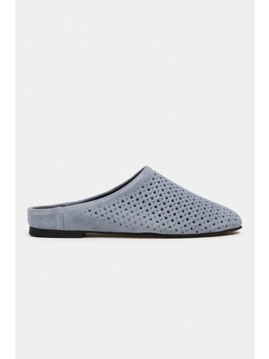 Nişantaşı Shoes Palya Mavi Süet Zımbalı Hakiki Deri Düz Taban Kadın Terlik