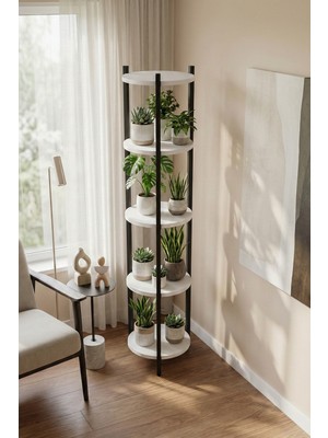 RetoDesign 5 Raflı Beyaz Yuvarlak Çiçeklik ve Kitaplık ve Çok Amaçlı Raf 2550