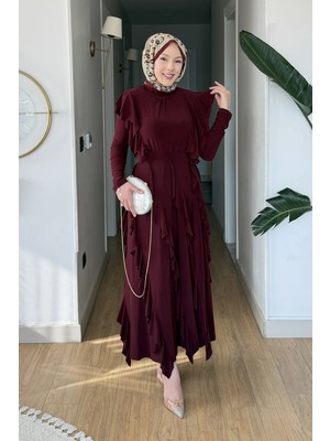 Tesettür Diyarı Belin Sendy Kumaş Fırfır Detaylı Tesettür Takım- Bordo