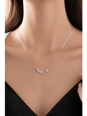 Trend Collection Zirkon Taşlı Yaprak Detaylı Gümüş Renk Kadın Kolye