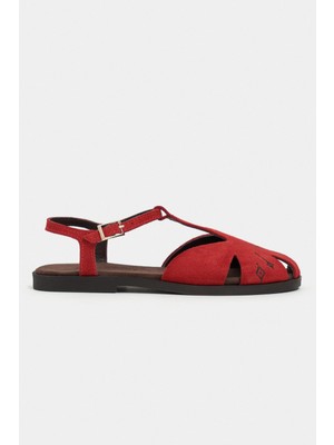Nişantaşı Shoes Wood Kırmızı Süet Deri Nakış Detay Düz Taban Kadın Sandalet