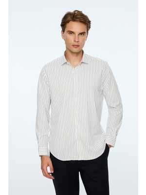 Morven  Erkek Lacivert Trend Çizgili Slim Fit Italyan Yaka Gömlek