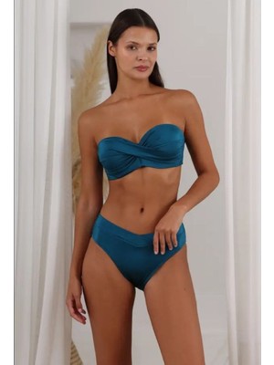 Lapieno Kadın Mavi Düz Renk Telli Kaplı Straplez Bikini Takımı