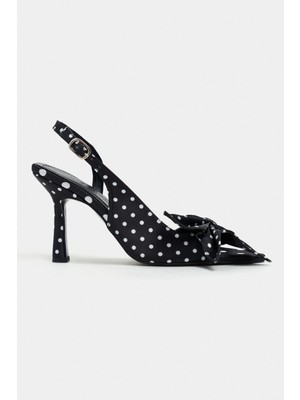 Nişantaşı Shoes Lorea Siyah Saten Puantiye Desenli Fiyonk Detaylı Kadın Topuklu Ayakkabı