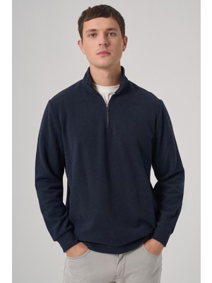 Morven  Erkek Lacivert Fermuarlı Bato Yaka Dynamic Fit Sweatshirt
