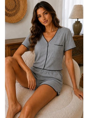 Bella Notte Gri Kısa Kollu V Yaka Biye Detaylı Pijama Takımı
