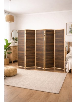 KARAS AHŞAP 5 Kanatlı Ahşap Paravan 225X175 cm Çift Taraflı Ceviz Mdf Masif Çam Çerçeve
