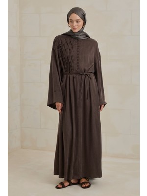 HE-QA Nervür Motifli Liyosel Abaya Acı Kahve