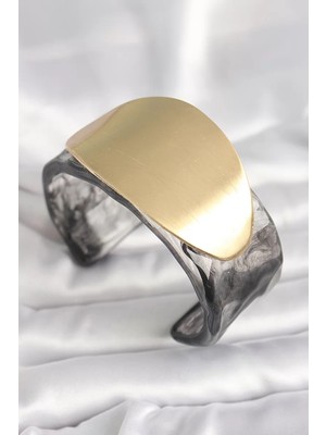 Uravas Store Siyah Mermer Desen Akrilik Plastik Gold Oval Plaka Model Vintage Kadın Bilezik - TJ-BB6683