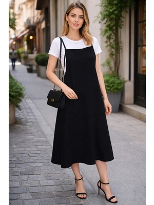 El Moda Siyah Gabardin Askılı Jile Elbise Günlük Şık Kombin