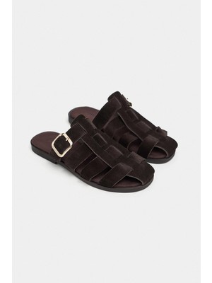 Nişantaşı Shoes Siento Bitter Kahve Süet Deri Düz Taban Kadın Terlik