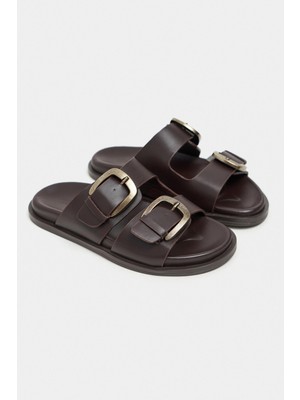 Nişantaşı Shoes Ting Kahve Mat Çift Toka Detay Düz Taban Kadın Terlik