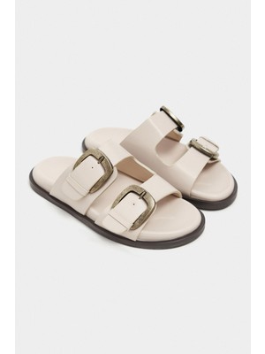 Nişantaşı Shoes Ting Bej Mat Çift Toka Detay Düz Taban Kadın Terlik