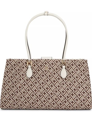 Tommy Hilfiger Kadın Th Desen Deri Kulp Geniş Fermuar Kapama Bej Omuz Çantası AW0AW18754-0F4
