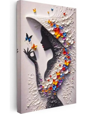 Kanvas Tablo Kelebek Şapkalı Kadın Modern Sanat Tablosu Ev Ofis Duvar Dekoru 35 x 50 Kanvas Tablo 1