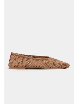 Nişantaşı Shoes Lips Taba Triko File Işlemeli Düz Taban Kadın Babet Ayakkabı