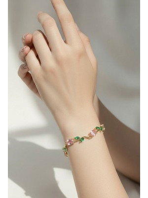 Lykos Gold Renk Pembe Zirkon Taşlı Çiçek Model Kadın Bileklik