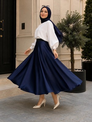 El Moda Kadın Ribanalı Şort Astarlı Saten Tam Daire Mevlana Etek