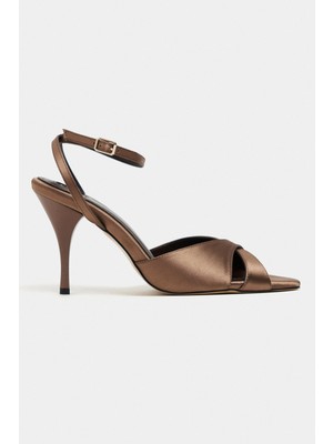 Nişantaşı Shoes Monica Kahve Saten Bilek Kemer Detaylı Kadın Ince Topuklu Ayakkabı