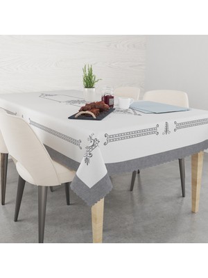 Empressco Gri Lale Desenli Nakış Efektli Şık Masa Örtüsü