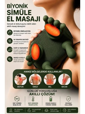 Biyonik Simüle El Masajı Insan Eli Şeklinde Yoğurma Hissi Boyun Ovmalı Isıtmalı Şarjlı Parmak Masajı
