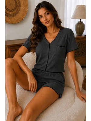 Bella Notte Antrasit Pamuklu Özel Örme Kumaş Pijama Takımı