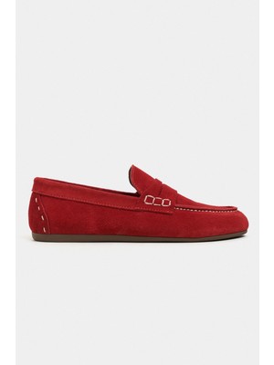 Nişantaşı Shoes Jery Kırmızı Süet Deri Kadın Loafer Ayakkabı