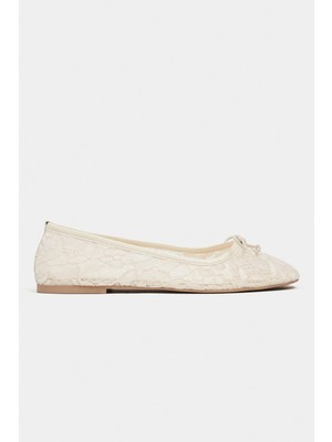 Nişantaşı Shoes Magni Bej Dantel Nakışlı Fiyonk Detay Kadın Babet