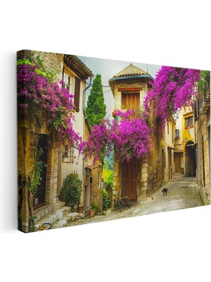 Kanvas Tablo Begonvilli ve Çiçekli Taş Sokak Şehir ve Mimari Tablo Ev Ofis Duvar Dekoru 35 x 50 Kanvas Tablo 1